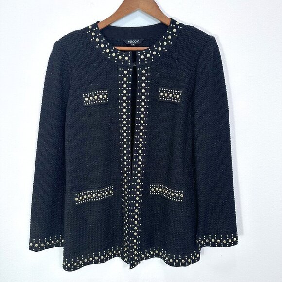 Misook Black and Gold Stud-Trim Knit Jacket Contemporary Longline Old Money Med - Picture 1 of 7